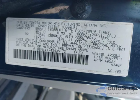 2004 Toyota Tundra Sr5 z USA, uszkodzony, nr VIN 5TBBN441X4S435172